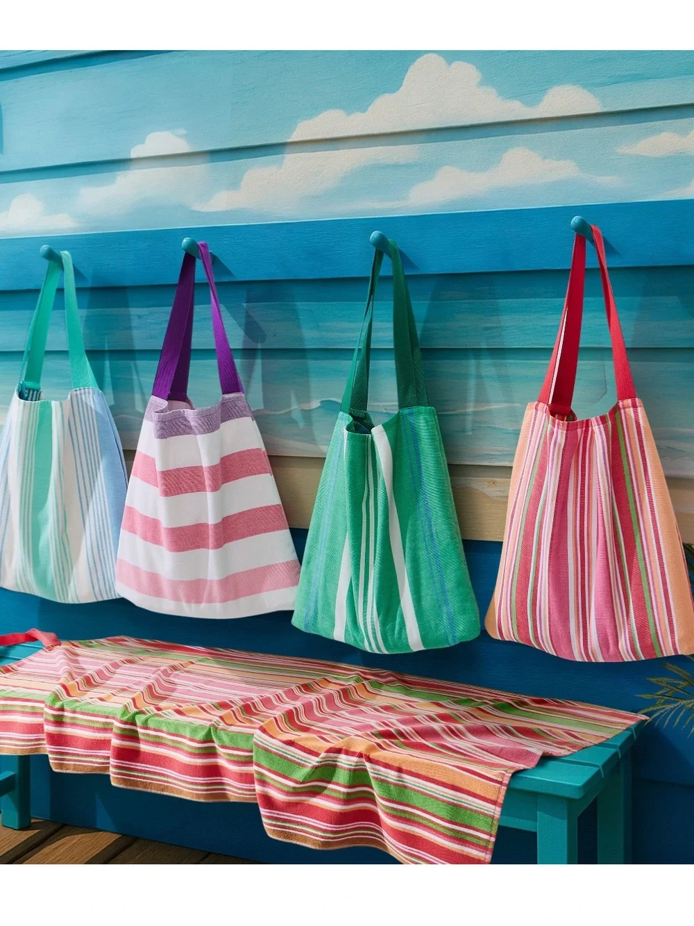 2-in-1 Beach Towel and Tote Bag by Himatsingka |‎ Pink & Green Striped | NWT